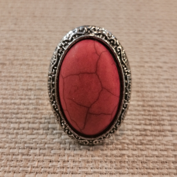 Faux red turquoise oval ring antique silvertone setting in size 9-1/2 - Picture 6 of 12